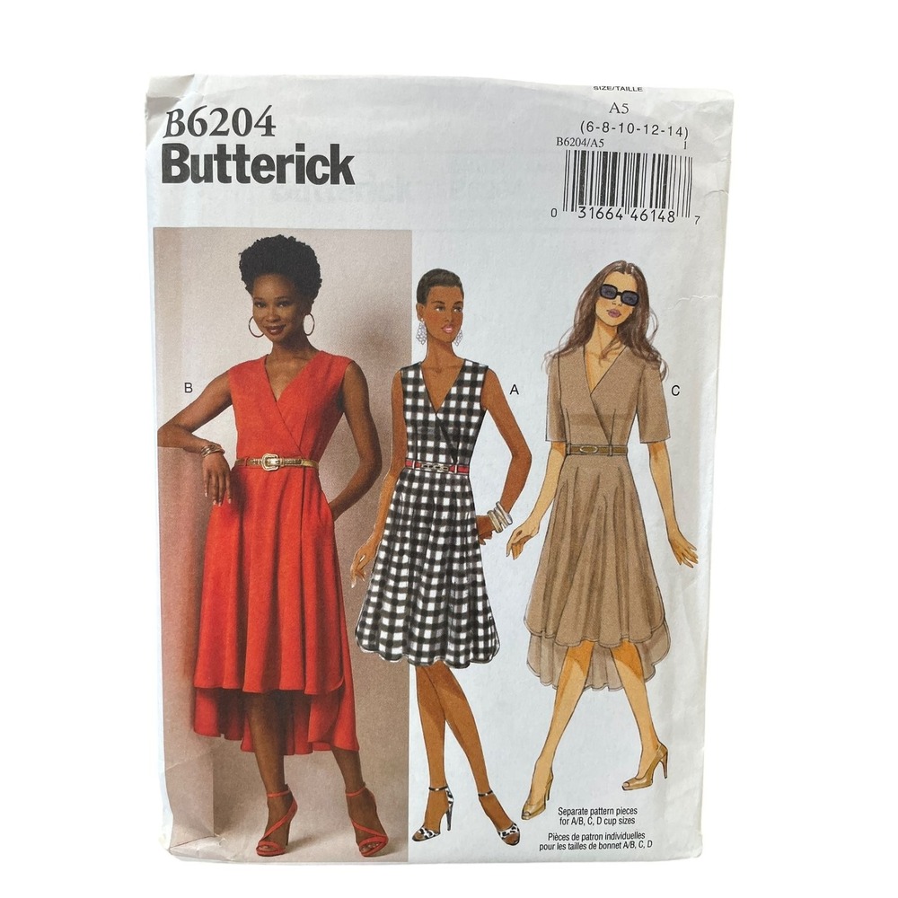 Butterick Sewing Pattern Misses 6-14 B6204 Mock Wrap Dress High-Low Hem Easy